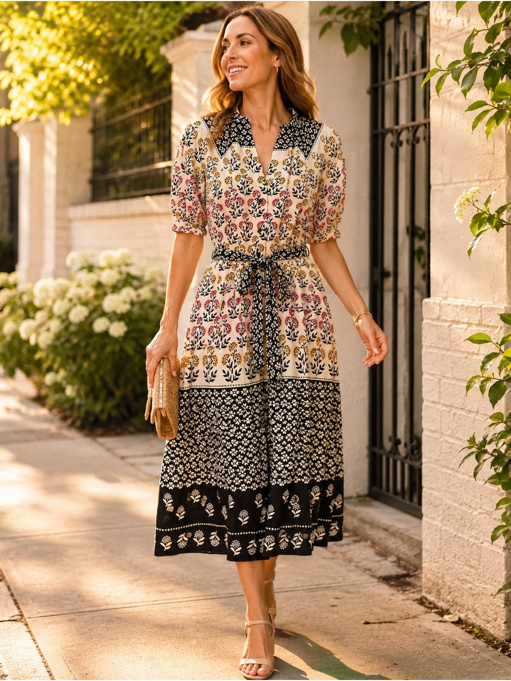 Ann Taylor Petite Block Print Floral Belted Midi Dress 10P Puff Sleeve Boho Prep